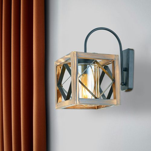 Applique Murale Rustique, Cube Bois Et Métal Camogli