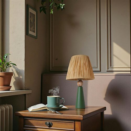 Lampe à Poser Rustique Verte, Abat-jour Tissu Plissé Kars