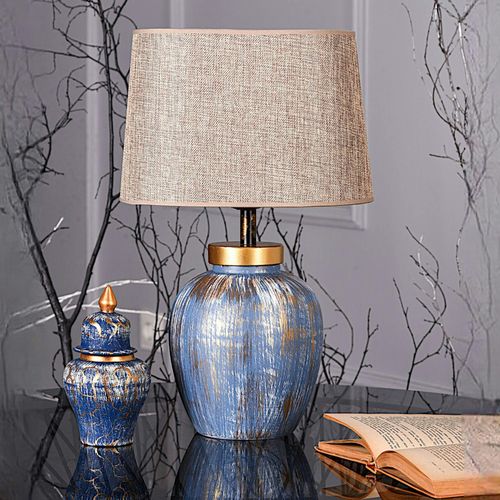 Lampe à Poser Moderne Bleu et Or, Abat-jour En Tissu Kars