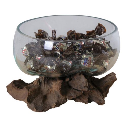 Vase Verre Soufflé Et Racine Teck, Artisanal H 15 Cm Arizona