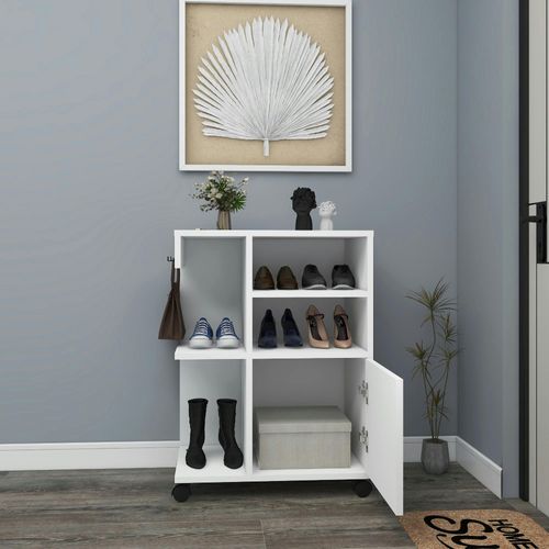 Meuble De Rangement Blanc Sur Roulettes, 2 Patères Marfa