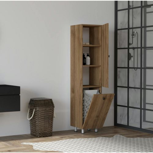 Colonne Salle De Bains Effet Noyer, Porte et Panier Linge Marfa