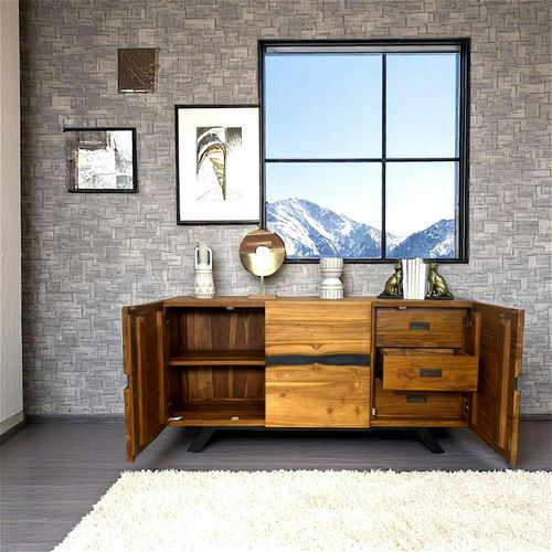 Buffet Moderne Bois Recyclé Teck Laque Noire Barbade