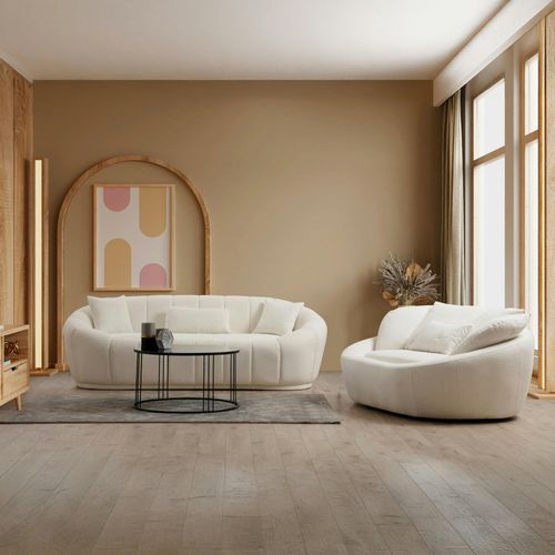 Canapé En Bouclette Blanc Design Organique 155 Cm Lucca