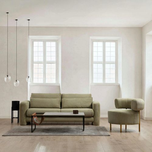 Canapé 2 Places Vert Velours Côtelé, Lignes Arrondies Lucca