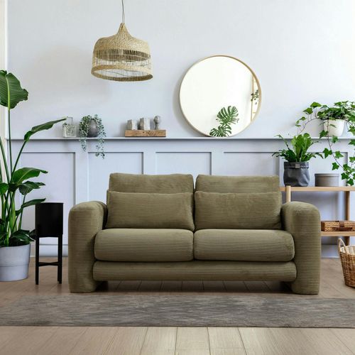 Canapé 2 Places Vert Velours Côtelé, Lignes Arrondies Lucca