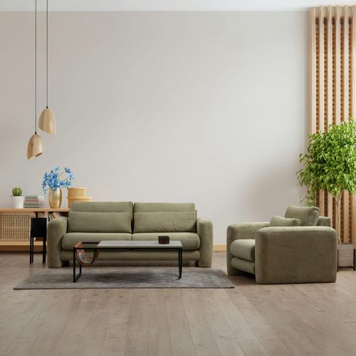 Canapé 2 Places Vert Velours Côtelé, Lignes Arrondies Lucca