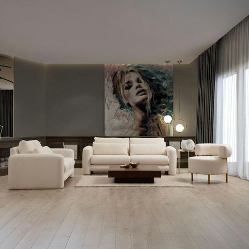 Canapé 2 Places Écru Tissu Bouclette, Lignes Arrondies Lucca