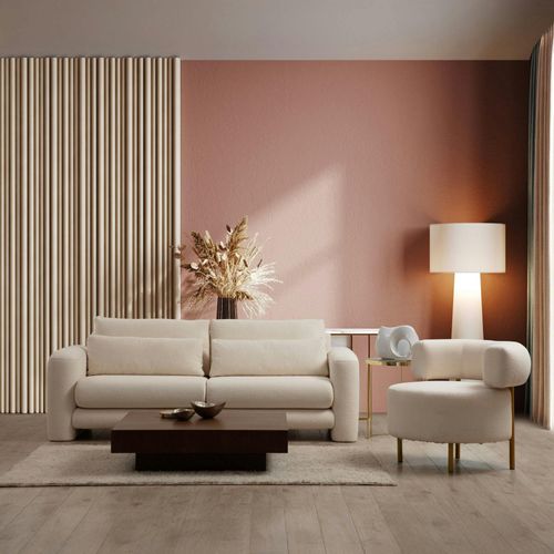 Canapé 2 Places Écru Tissu Bouclette, Lignes Arrondies Lucca