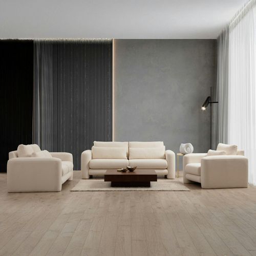 Canapé 2 Places Écru Tissu Bouclette, Lignes Arrondies Lucca