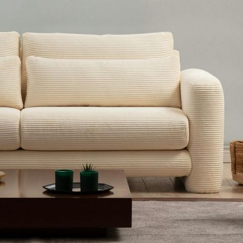 Canapé 2 Places Beige Velours Côtelé, Lignes Arrondies Lucca