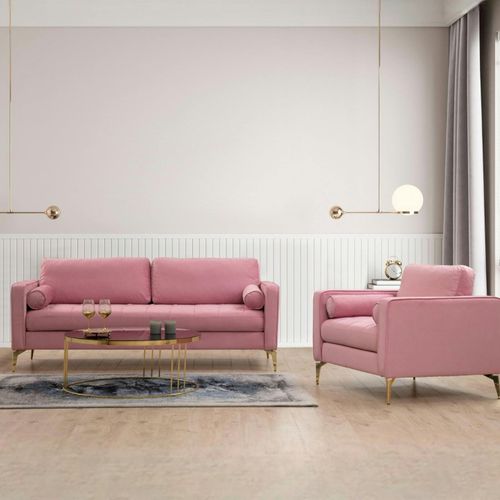 Canapé 3 Places Velours Rose Avec Coussins Polochons Chiba