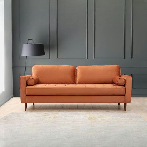 Canapé 3 Places Velours Rouille Avec Coussins Polochons Chiba