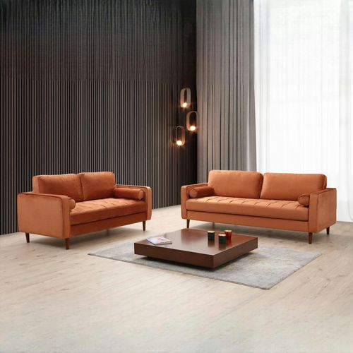 Canapé 3 Places Velours Rouille Avec Coussins Polochons Chiba