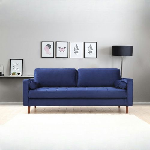 Canapé 3 Places Velours Bleu Avec Coussins Polochons Chiba