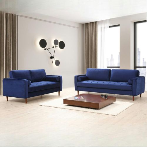 Canapé 3 Places Velours Bleu Avec Coussins Polochons Chiba