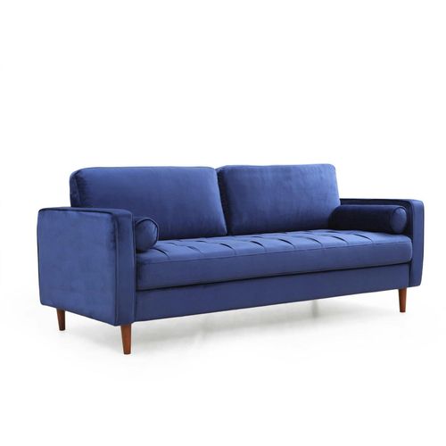 Canapé 3 Places Velours Bleu Avec Coussins Polochons Chiba