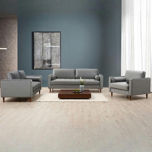 Canapé 3 Places Velours Gris Clair Avec Coussins Polochons Chiba