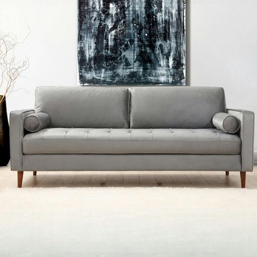 Canapé 3 Places Velours Gris Clair Avec Coussins Polochons Chiba