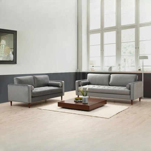 Canapé 3 Places Velours Gris Clair Avec Coussins Polochons Chiba