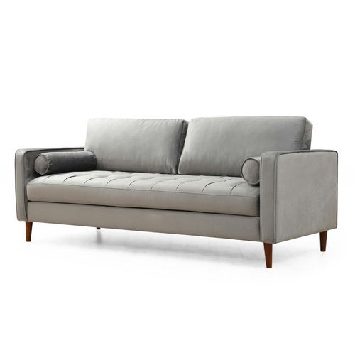 Canapé 3 Places Velours Gris Clair Avec Coussins Polochons Chiba