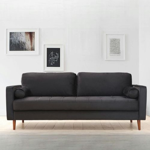 Canapé 3 Places Velours Noir Avec Coussins Polochons Chiba