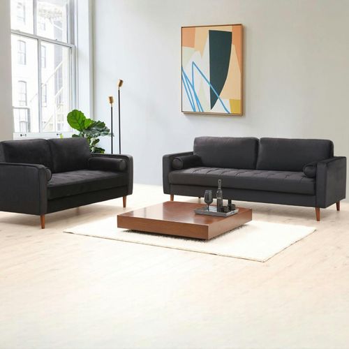 Canapé 3 Places Velours Noir Avec Coussins Polochons Chiba