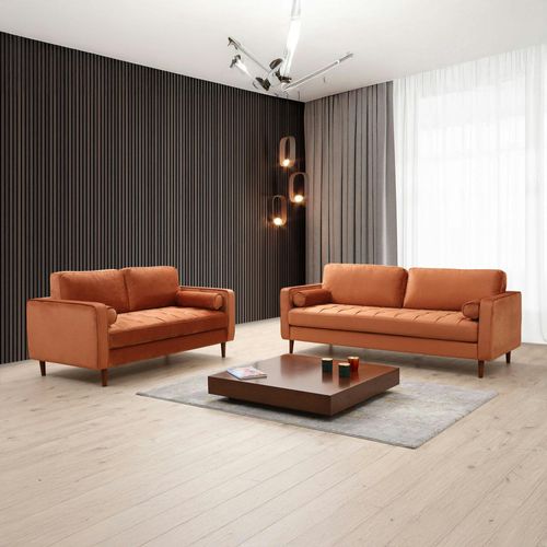 Canapé 2 Places Velours Rouille Avec Coussins Polochons Chiba