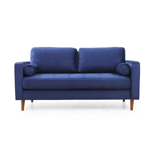 Canapé 2 Places Velours Bleu Avec Coussins Polochons Chiba