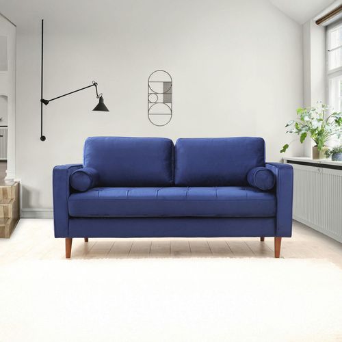 Canapé 2 Places Velours Bleu Avec Coussins Polochons Chiba