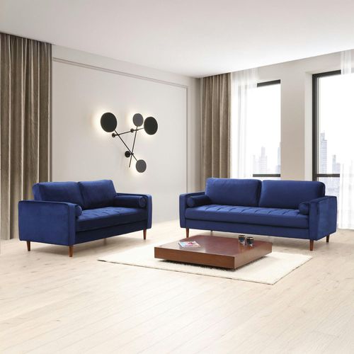 Canapé 2 Places Velours Bleu Avec Coussins Polochons Chiba