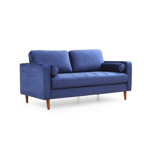 Canapé 2 Places Velours Bleu Avec Coussins Polochons Chiba
