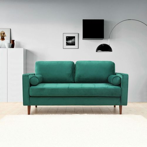 Canapé 2 Places Velours Vert Avec Coussins Polochons Chiba