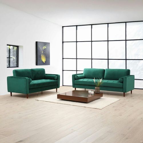 Canapé 2 Places Velours Vert Avec Coussins Polochons Chiba