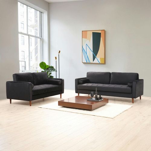 Canapé 2 Places Velours Noir Avec Coussins Polochons Chiba