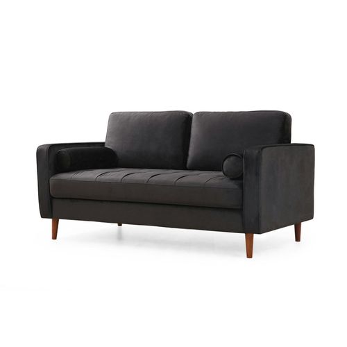 Canapé 2 Places Velours Noir Avec Coussins Polochons Chiba