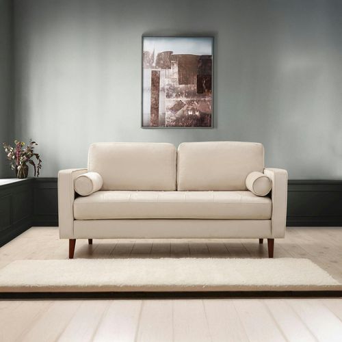 Canapé 2 Places Velours Beige Crème, Coussins Polochons Chiba