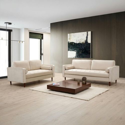 Canapé 2 Places Velours Beige Crème, Coussins Polochons Chiba