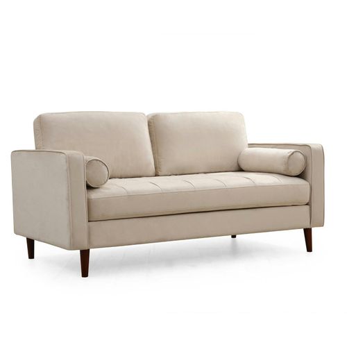 Canapé 2 Places Velours Beige Crème, Coussins Polochons Chiba