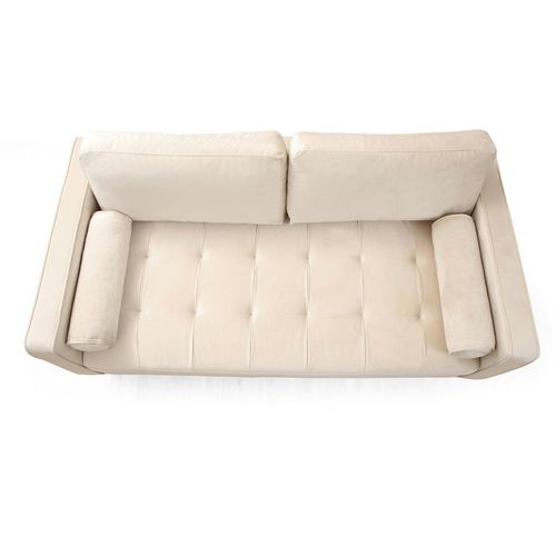 Canapé 2 Places Velours Beige Crème, Coussins Polochons Chiba