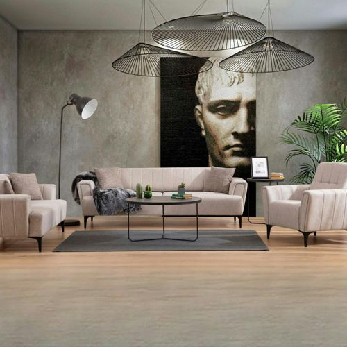 Canapé 2 Places Beige, Dossier à Coutures Verticales Lucca