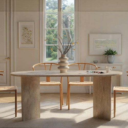 Table à Manger Ovale Effet Travertin Pieds En V 200 Cm Marfa