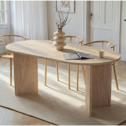 Table à Manger Ovale Effet Travertin Pieds En V 200 Cm Marfa