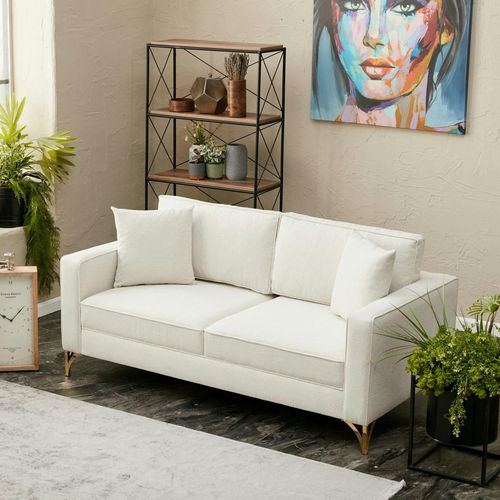 Canapé 2 Places Blanc Crème Moderne, Pieds Dorés Neolia