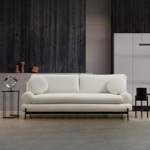 Canapé 3 Places Blanc Bouclette, Coussins Ronds Sion