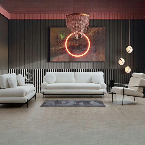 Canapé 3 Places Blanc Bouclette, Coussins Ronds Sion