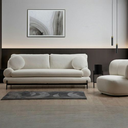 Canapé 3 Places Blanc Bouclette, Coussins Ronds Sion