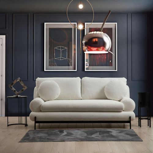 Canapé 2 Places Blanc Bouclette, Coussins Ronds Sion