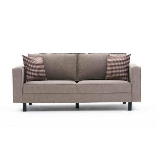 Canapé 2 Places En Lin Taupe, Coussins à Carreaux Cortona