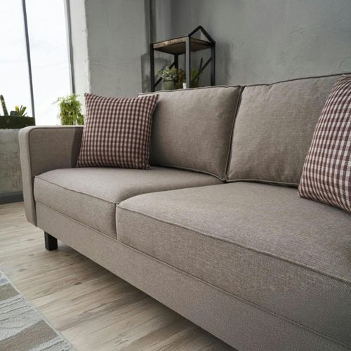 Canapé 2 Places En Lin Taupe, Coussins à Carreaux Cortona